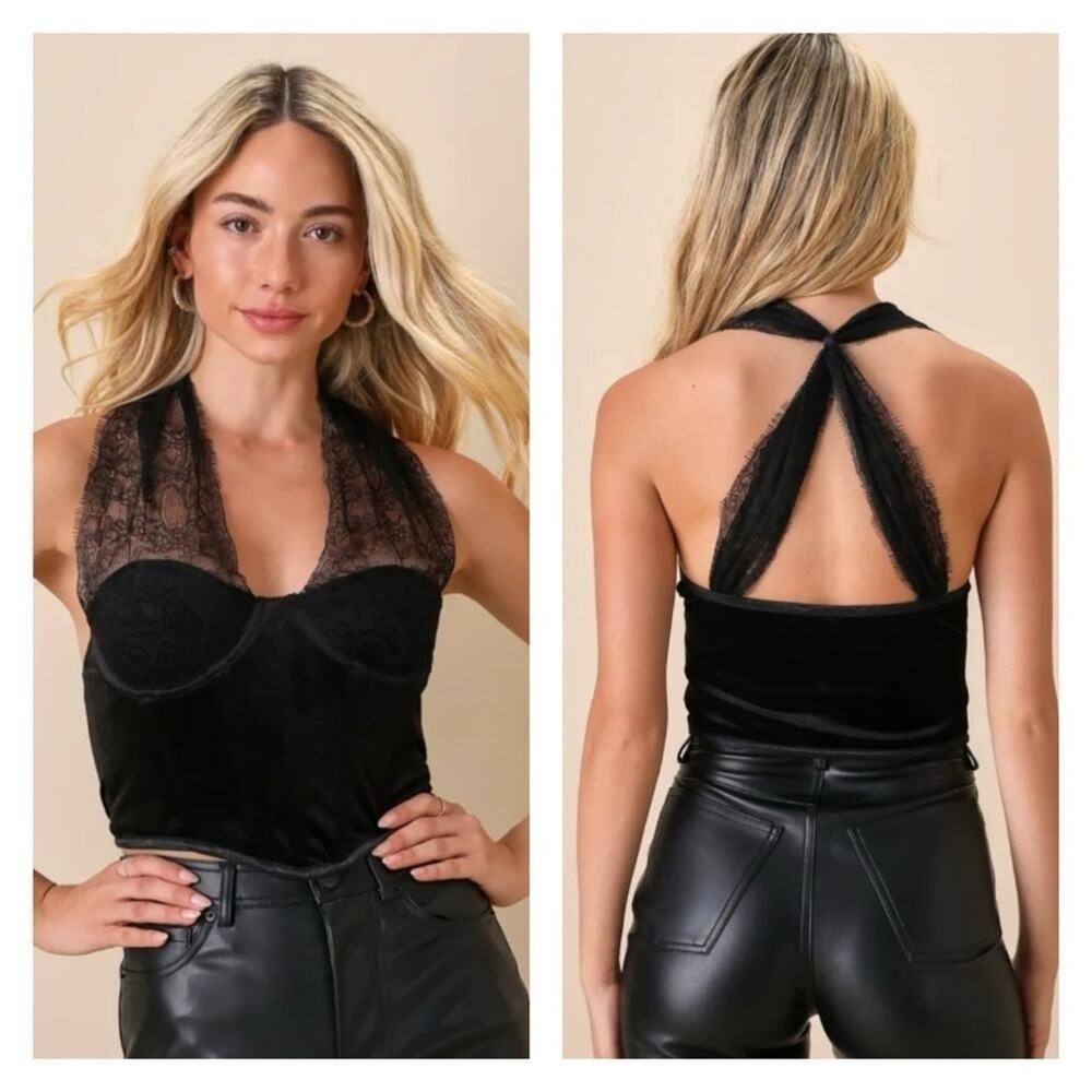 NWT Lulus Flirty Influence Lace Velvet Bustier Halter Top S Black Coquette